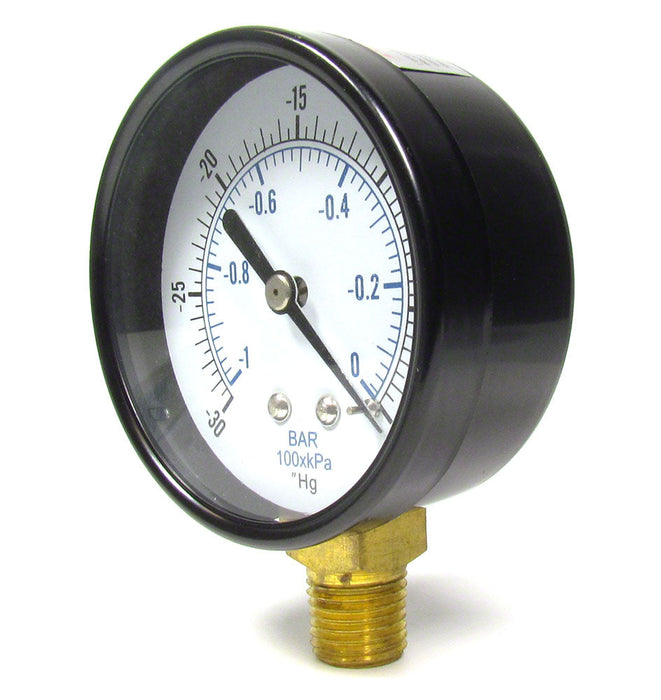 '-30 to 0 PSI Vacuum/Pressure Gauge - 1/4 Inch Bottom Mount - 2-1/2 Inch Face - Stainless Steel Case