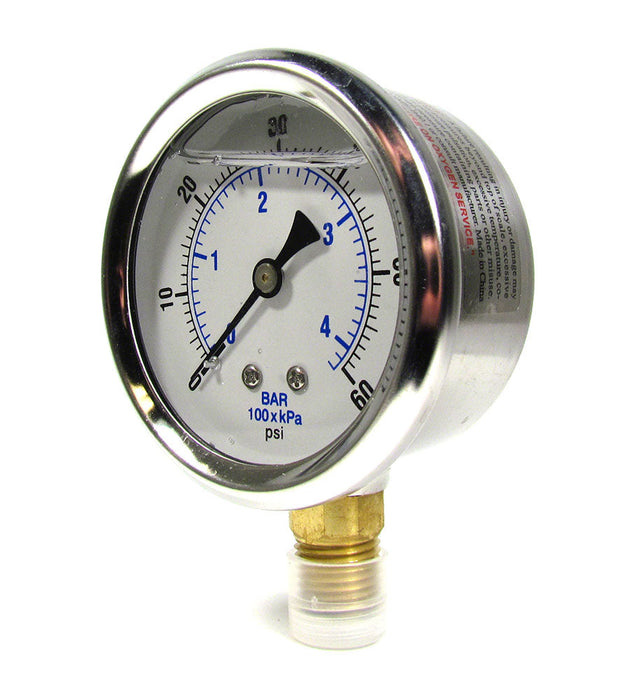 0 to 60 PSI Liquid Filled Pressure Gauge - 1/4 Inch Bottom Mount - 2-1/2 Inch Face - Stainless Steel Case