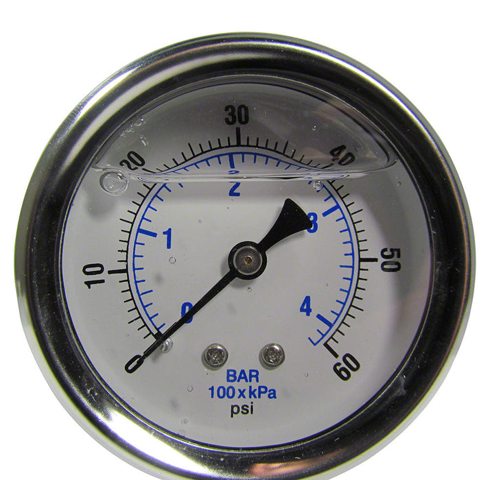 0 to 60 PSI Liquid Filled Pressure Gauge - 1/4 Inch Bottom Mount - 2-1/2 Inch Face - Stainless Steel Case