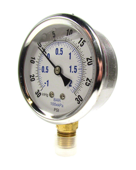 '-30 to 30 PSI Liquid Filled Vacuum/Pressure Gauge - 1/4 Inch Bottom Mount - 2-1/2 Inch Face - Stainless Steel Case
