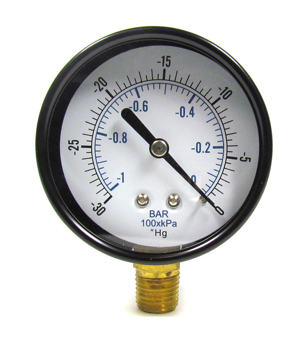 '-30 to 0 PSI Vacuum/Pressure Gauge - 1/4 Inch Bottom Mount - 2-1/2 Inch Face - Stainless Steel Case